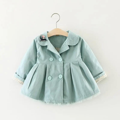 Girls Cute Cat Embroidered Lapel Design Pleated Lower Hem Wind Coat