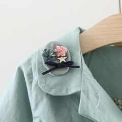 Girls Cute Cat Embroidered Lapel Design Pleated Lower Hem Wind Coat