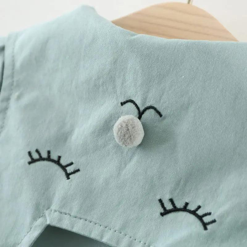 Girls Cute Cat Embroidered Lapel Design Pleated Lower Hem Wind Coat