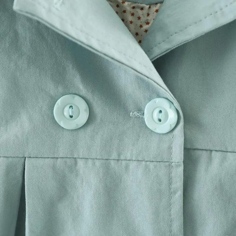 Girls Cute Cat Embroidered Lapel Design Pleated Lower Hem Wind Coat