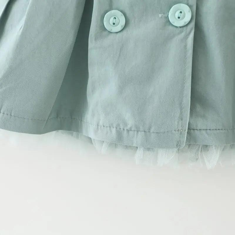 Girls Cute Cat Embroidered Lapel Design Pleated Lower Hem Wind Coat