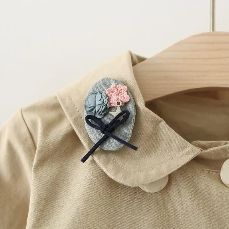 Girls Cute Cat Embroidered Lapel Design Pleated Lower Hem Wind Coat