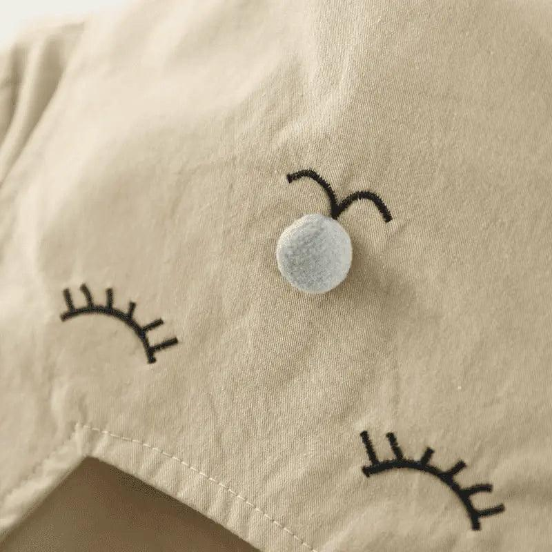 Girls Cute Cat Embroidered Lapel Design Pleated Lower Hem Wind Coat