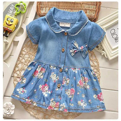 Girls Fashion Short Sleeve Tiny Flower Denim Dress