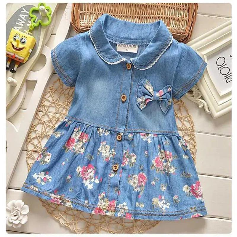 Girls Fashion Short Sleeve Tiny Flower Denim Dress