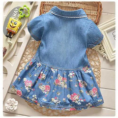 Girls Fashion Short Sleeve Tiny Flower Denim Dress
