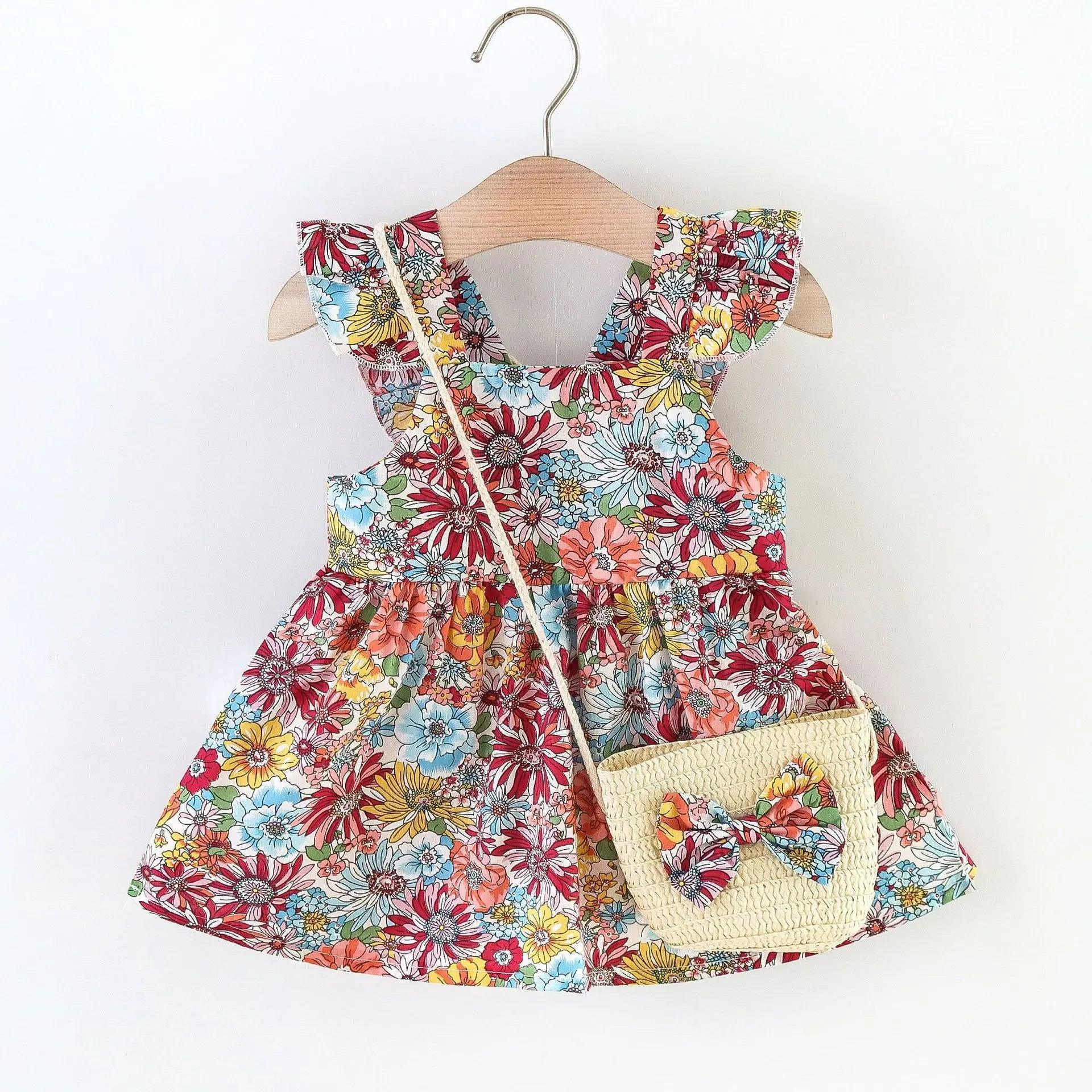 Girls Fashion Vintage Contrast Large Floral Sling Halter Bag Dress
