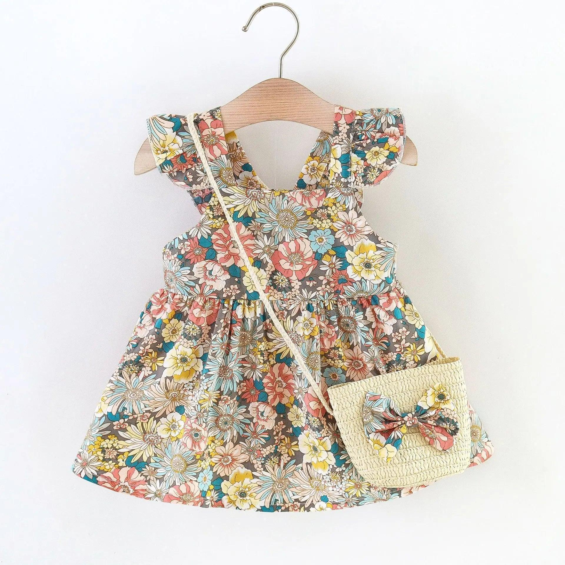 Girls Fashion Vintage Contrast Large Floral Sling Halter Bag Dress