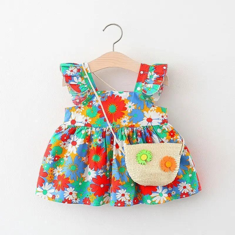 Girls Ruffle Sleeve Flower Print Dress And Bag 2pcs Set