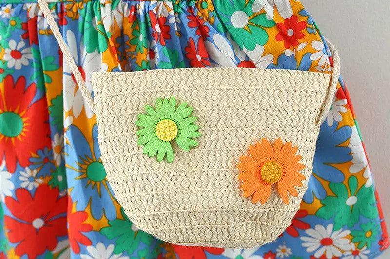 Girls Ruffle Sleeve Flower Print Dress And Bag 2pcs Set