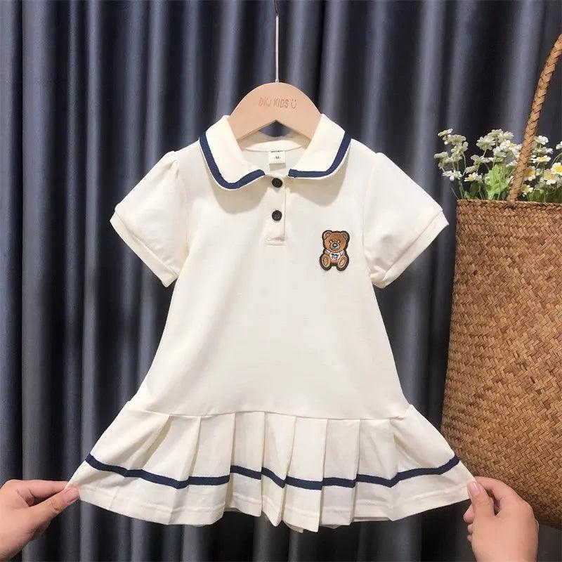 Girls Short Sleeve Bear Lapel Dress
