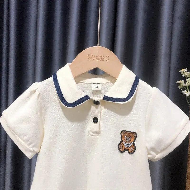 Girls Short Sleeve Bear Lapel Dress