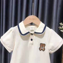 Girls Short Sleeve Bear Lapel Dress
