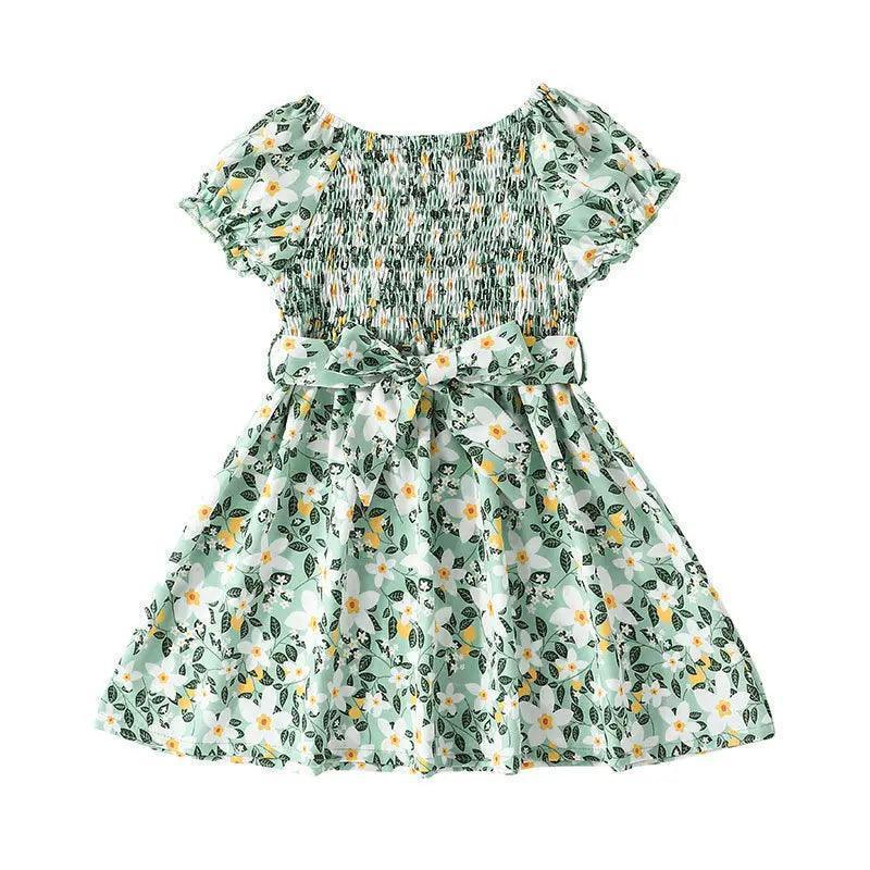 Girls Short Sleeve Flower Print Sweet Dress