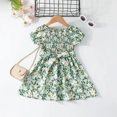 Girls Short Sleeve Flower Print Sweet Dress
