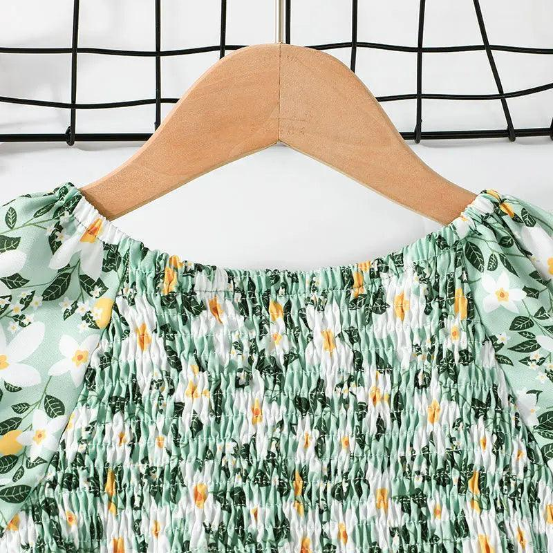 Girls Short Sleeve Flower Print Sweet Dress