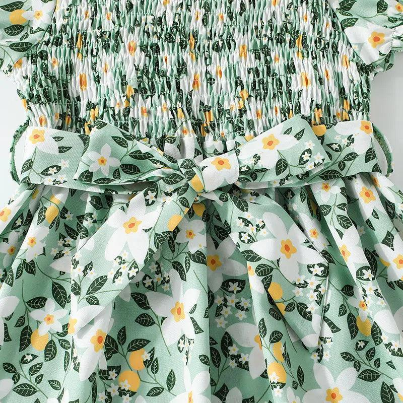 Girls Short Sleeve Flower Print Sweet Dress