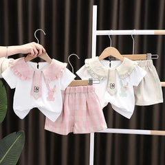 Girls Short Sleeve Rabbit Lapel Top And Shorts 2pcs Set