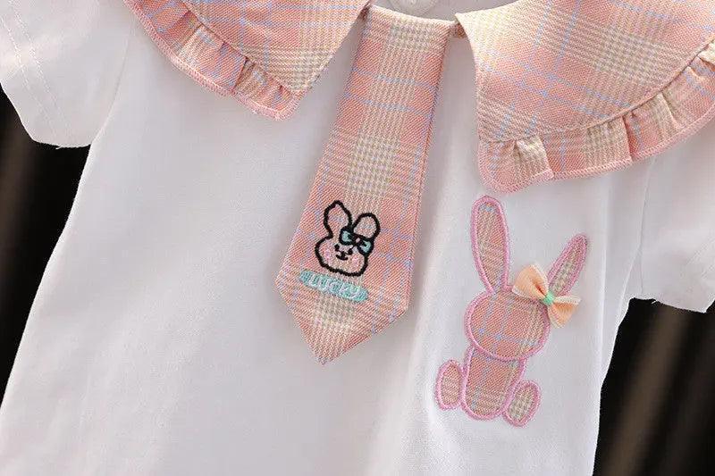 Girls Short Sleeve Rabbit Lapel Top And Shorts 2pcs Set