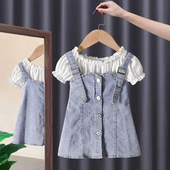 Girls Short Sleeve White Top And Denim Skirt 2pcs Set