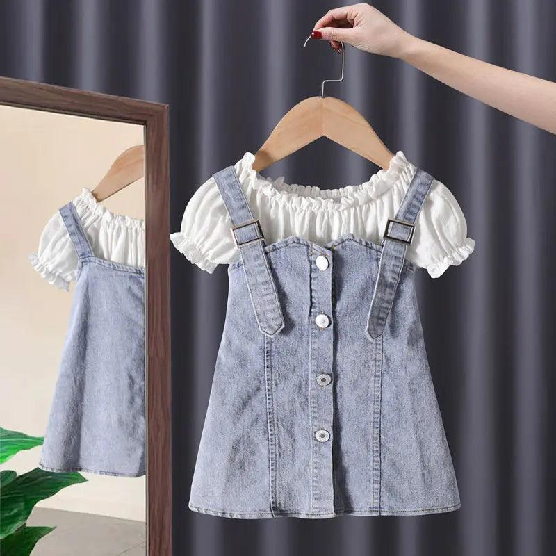 Girls Short Sleeve White Top And Denim Skirt 2pcs Set