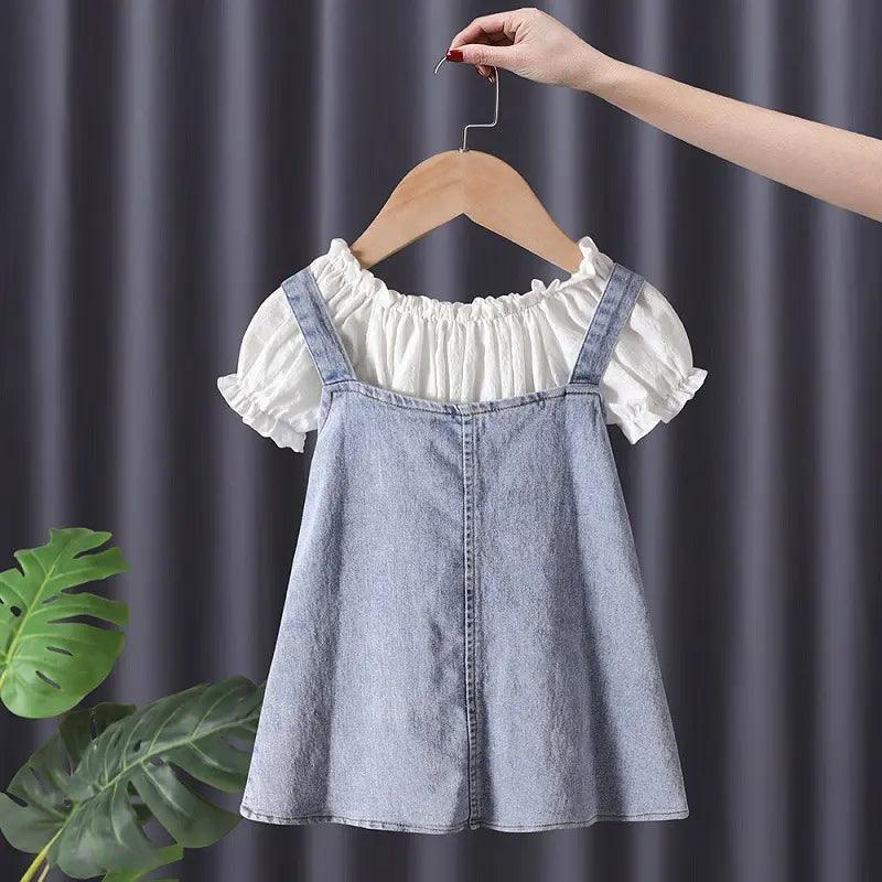 Girls Short Sleeve White Top And Denim Skirt 2pcs Set