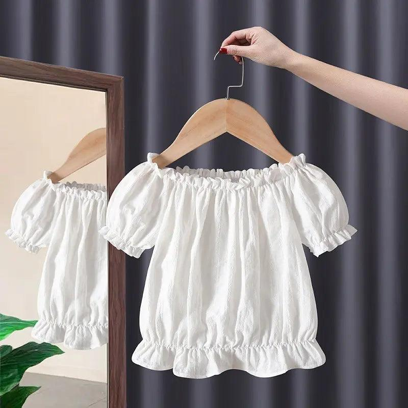 Girls Short Sleeve White Top And Denim Skirt 2pcs Set
