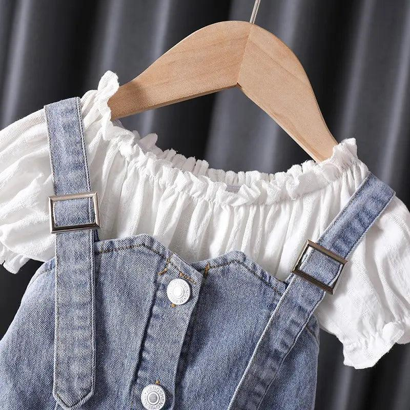 Girls Short Sleeve White Top And Denim Skirt 2pcs Set