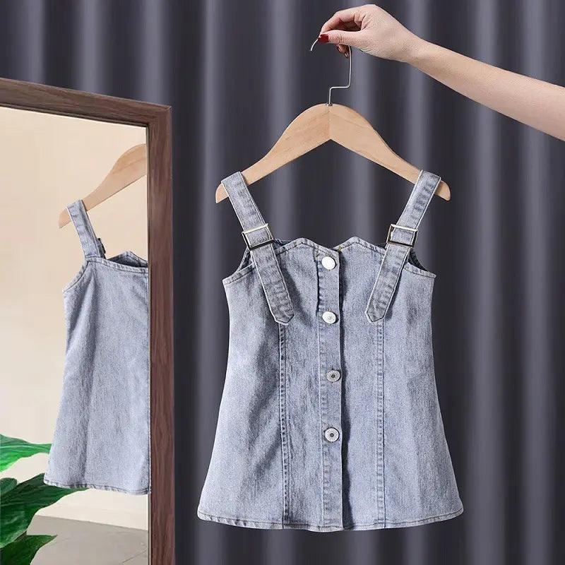 Girls Short Sleeve White Top And Denim Skirt 2pcs Set
