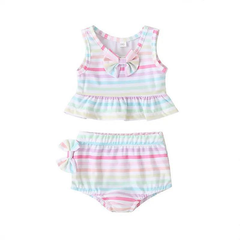 Girls Simple Bowknot Decor Striped Tops And Shorts Swimwear
