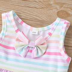 Girls Simple Bowknot Decor Striped Tops And Shorts Swimwear