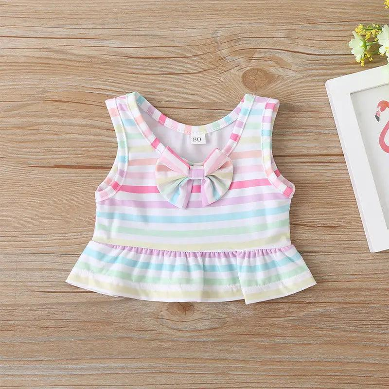 Girls Simple Bowknot Decor Striped Tops And Shorts Swimwear