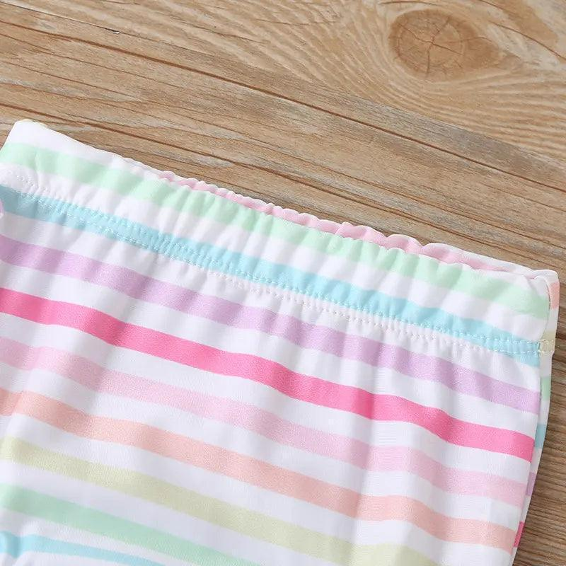 Girls Simple Bowknot Decor Striped Tops And Shorts Swimwear