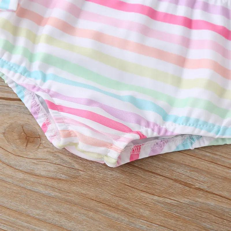 Girls Simple Bowknot Decor Striped Tops And Shorts Swimwear