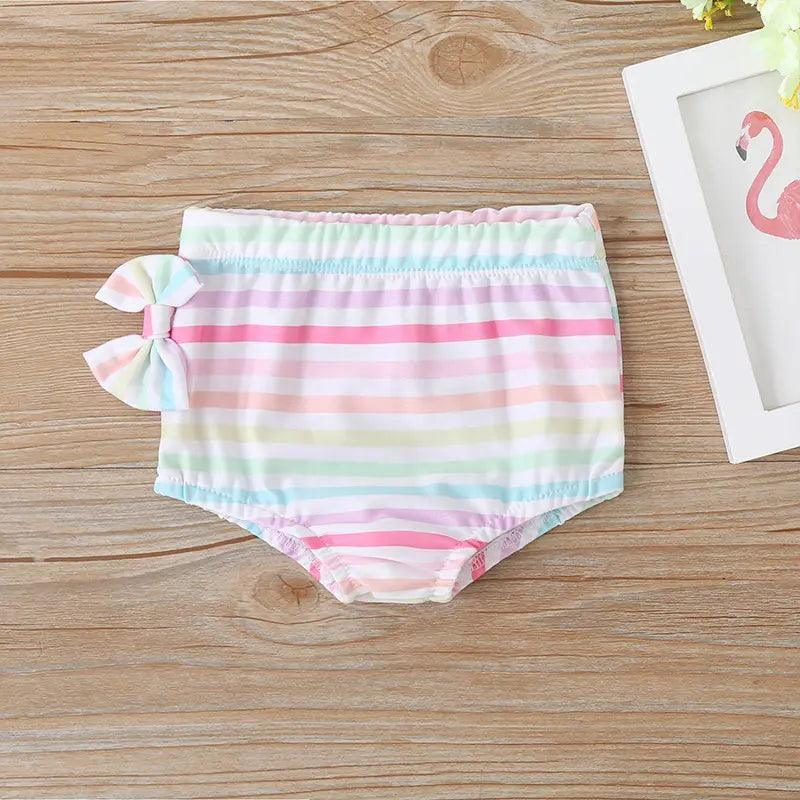 Girls Simple Bowknot Decor Striped Tops And Shorts Swimwear