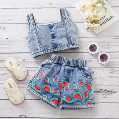 Girls Sleeveless Camisole Top And Watermelon Denim Shorts 2pcs Set