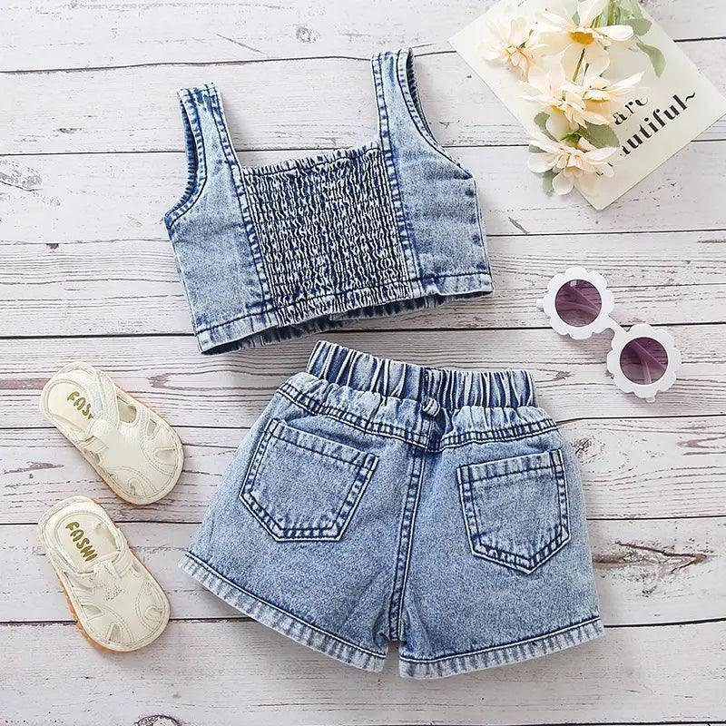 Girls Sleeveless Camisole Top And Watermelon Denim Shorts 2pcs Set