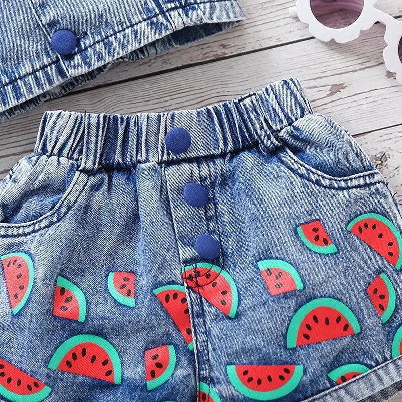 Girls Sleeveless Camisole Top And Watermelon Denim Shorts 2pcs Set