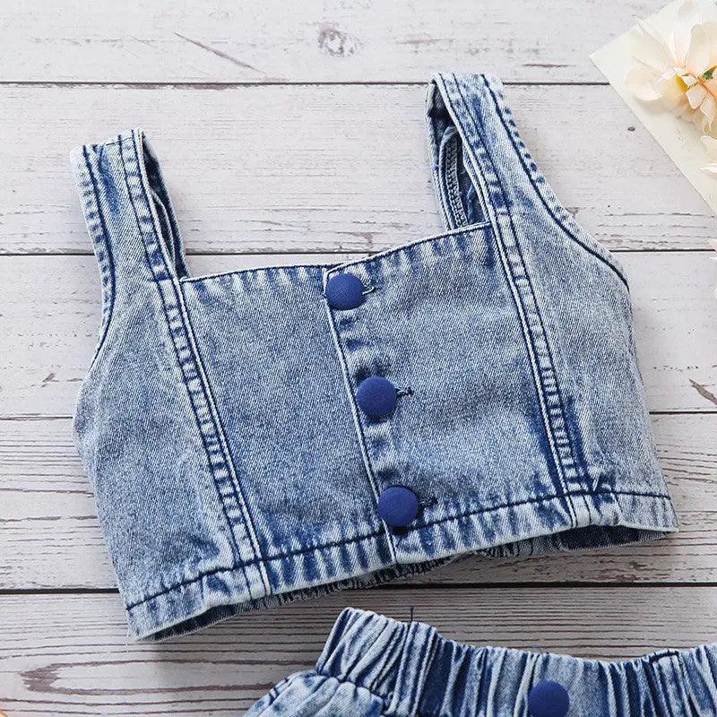 Girls Sleeveless Camisole Top And Watermelon Denim Shorts 2pcs Set