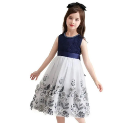 Girls Sleeveless Embroidered Flower Bow Mesh Princess Festival Party Dress