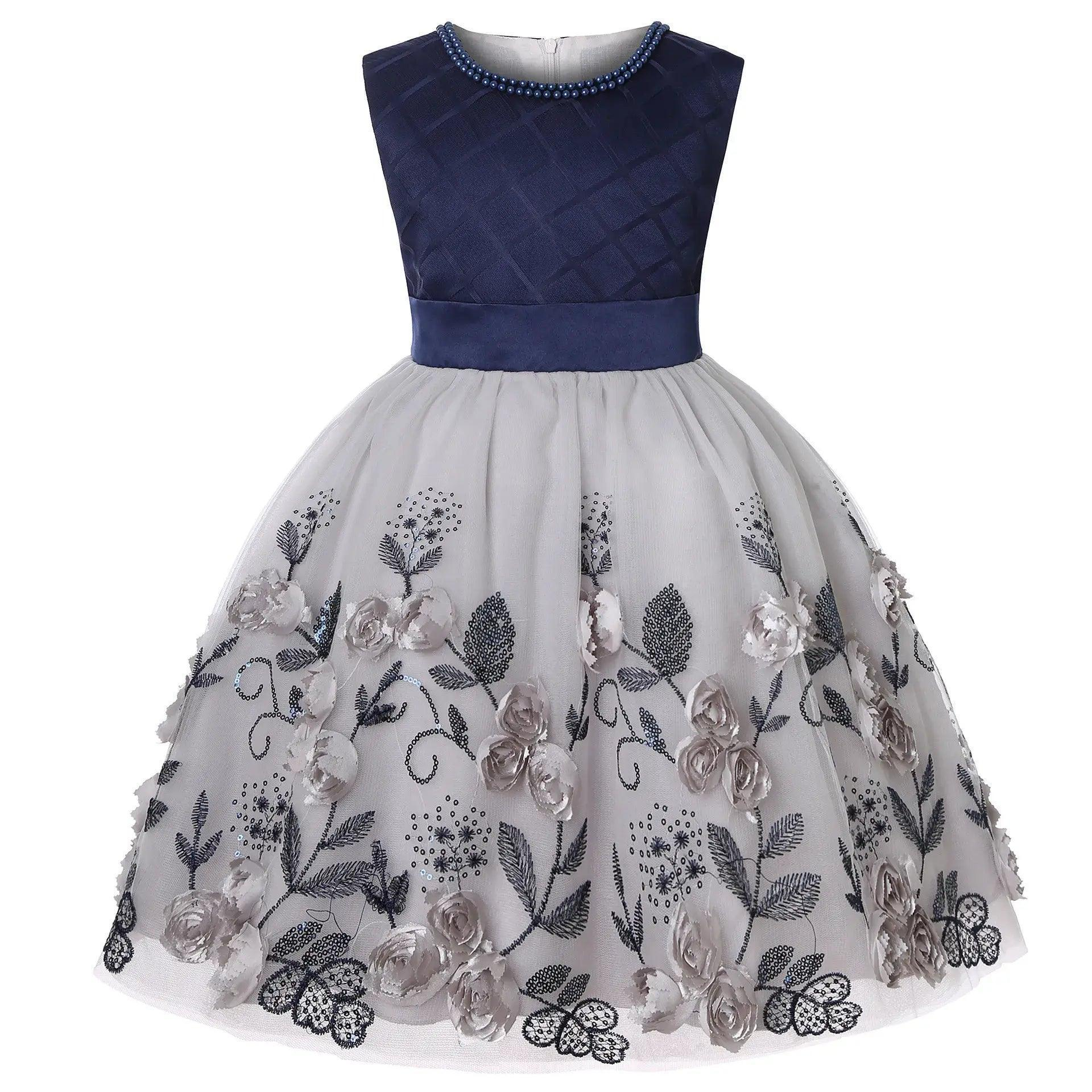 Girls Sleeveless Embroidered Flower Bow Mesh Princess Festival Party Dress