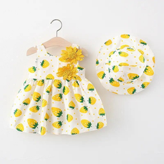 Girls Sleeveless Flower Heart Print Dress And Hat 2pcs Set