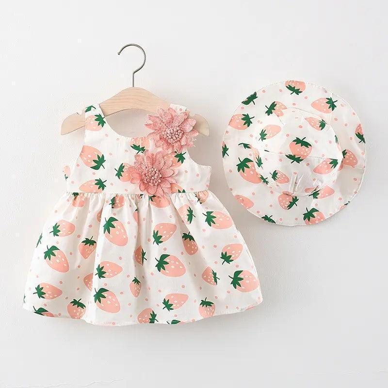 Girls Sleeveless Flower Heart Print Dress And Hat 2pcs Set