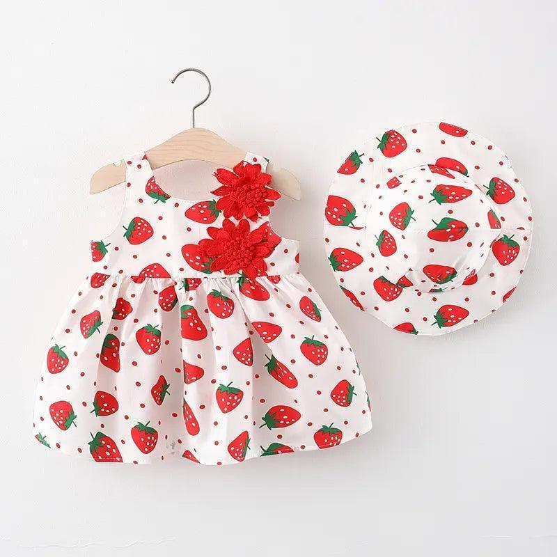 Girls Sleeveless Flower Heart Print Dress And Hat 2pcs Set