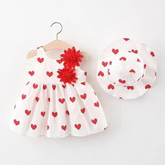 Girls Sleeveless Flower Heart Print Dress And Hat 2pcs Set