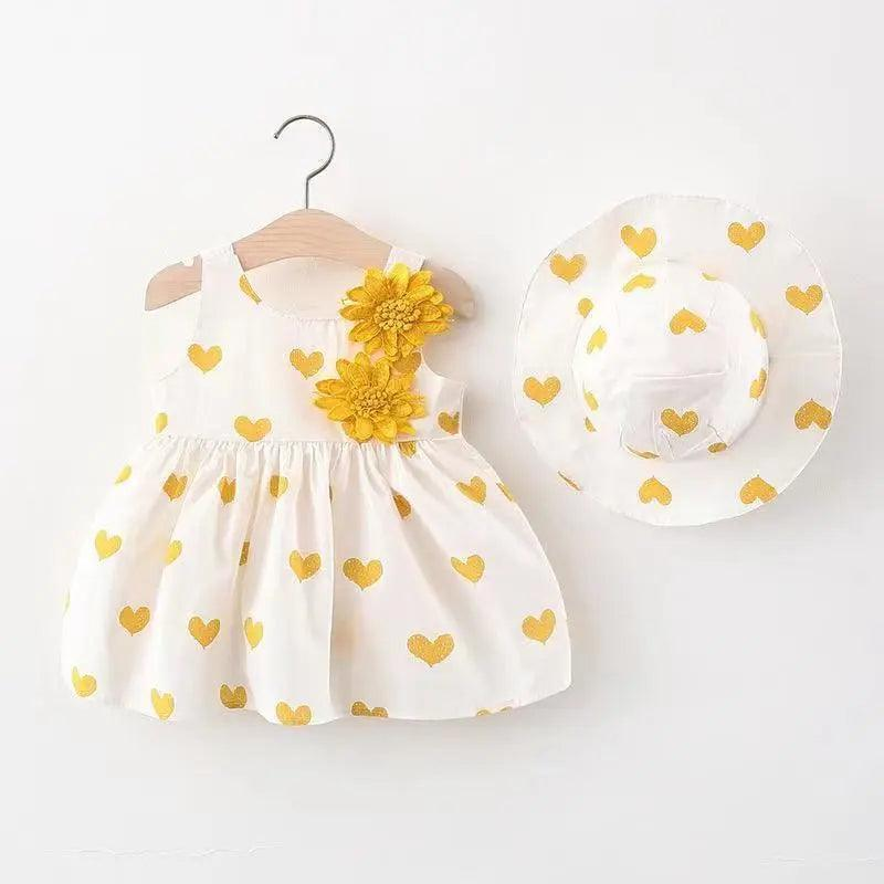 Girls Sleeveless Flower Heart Print Dress And Hat 2pcs Set