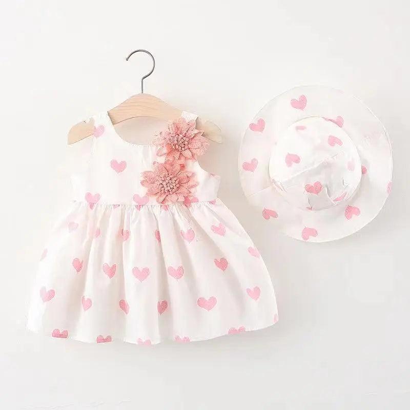 Girls Sleeveless Flower Heart Print Dress And Hat 2pcs Set