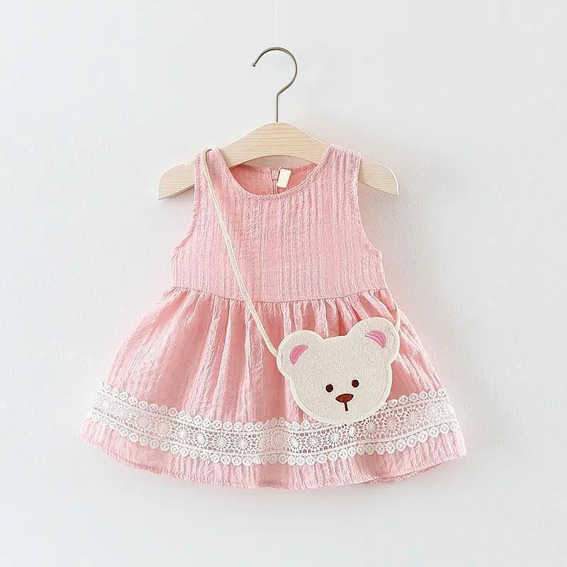 Girls Sleeveless Lace Dress And Bear Bag 2pcs Set