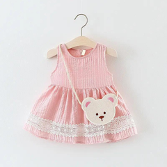 Girls Sleeveless Lace Dress And Bear Bag 2pcs Set