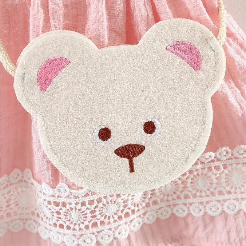 Girls Sleeveless Lace Dress And Bear Bag 2pcs Set
